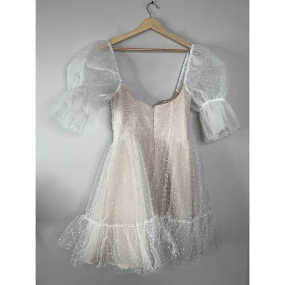 NEW By Watters Macaron Flock Dotted And Pearl Embellished Mini Dress Ivory - Picture 7 of 10